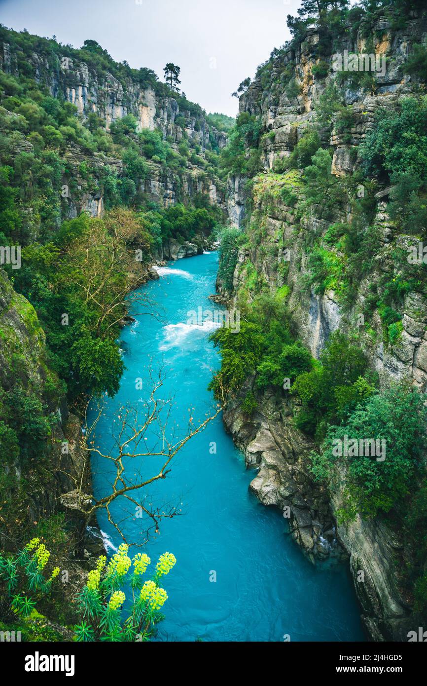 Amazing river landscape from Koprulu Canyon in Manavgat, Antalya, Turkey. Blue river. Rafting tourism. Koprucay. Beauty in nature. Stock Photo