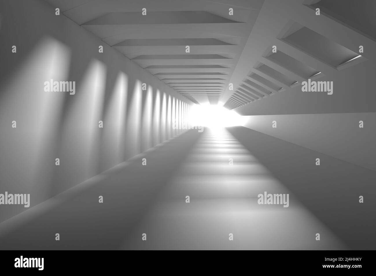 Abstract white tunnel with windows and light at the end. 3D rendering ...