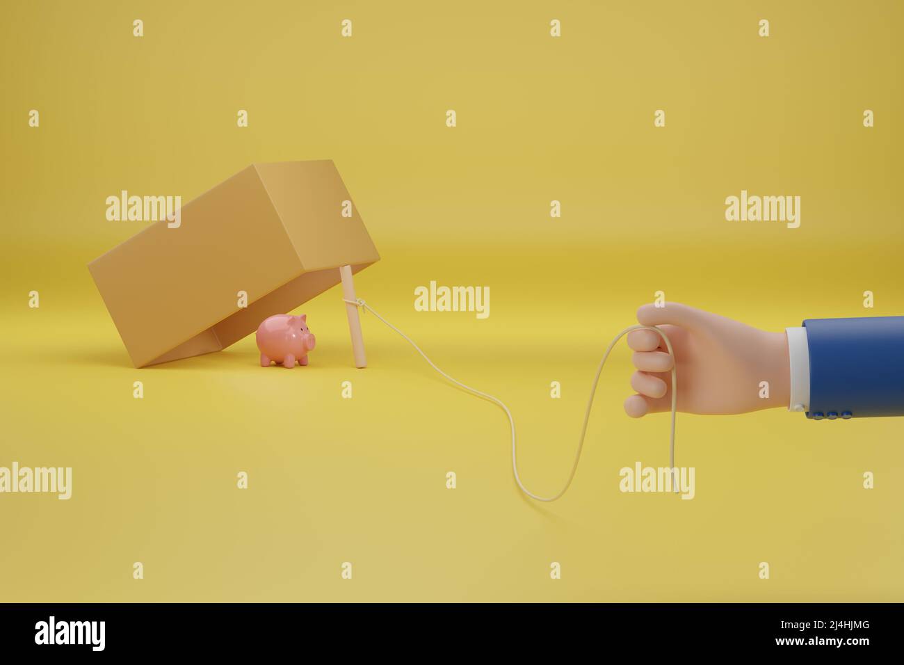 Cartoon hand holding the rope of a box trap with a piggy bank inside