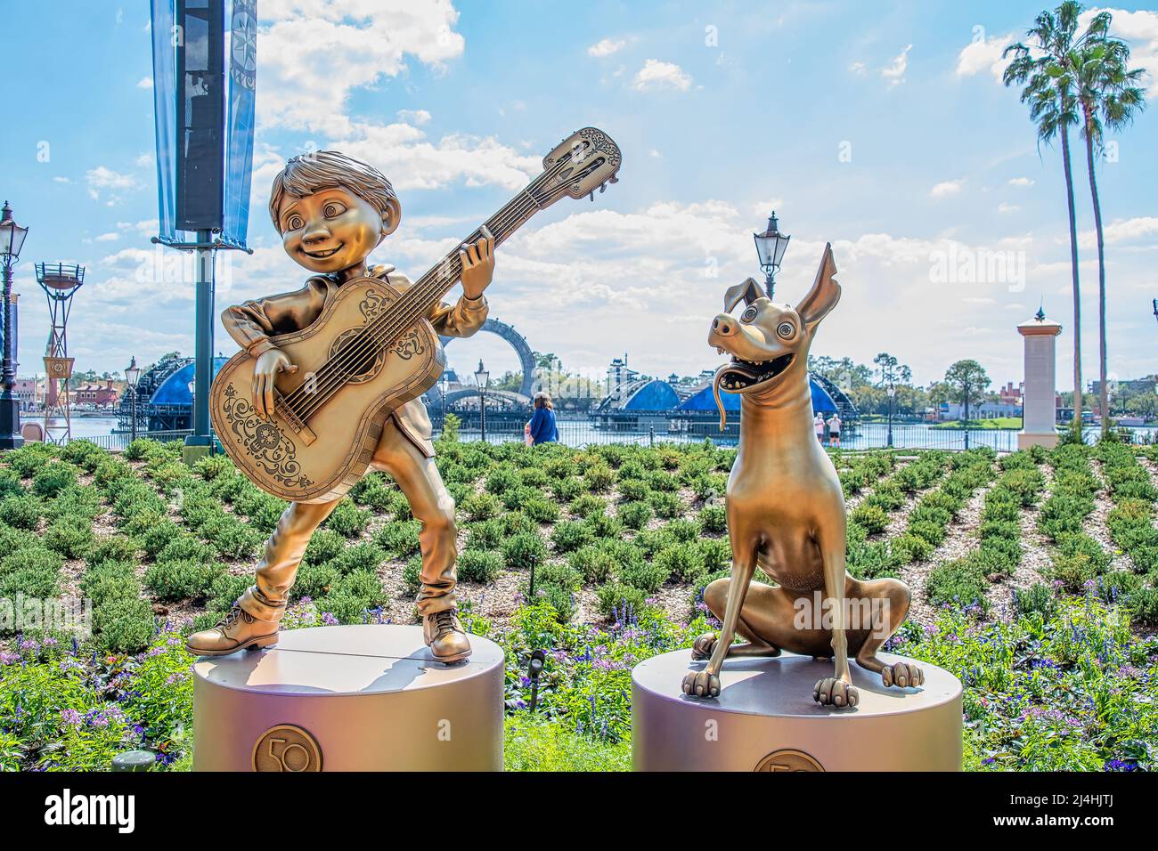 Miguel and Dante Gold Statue 50th Anniversary Disney Epcot Stock Photo