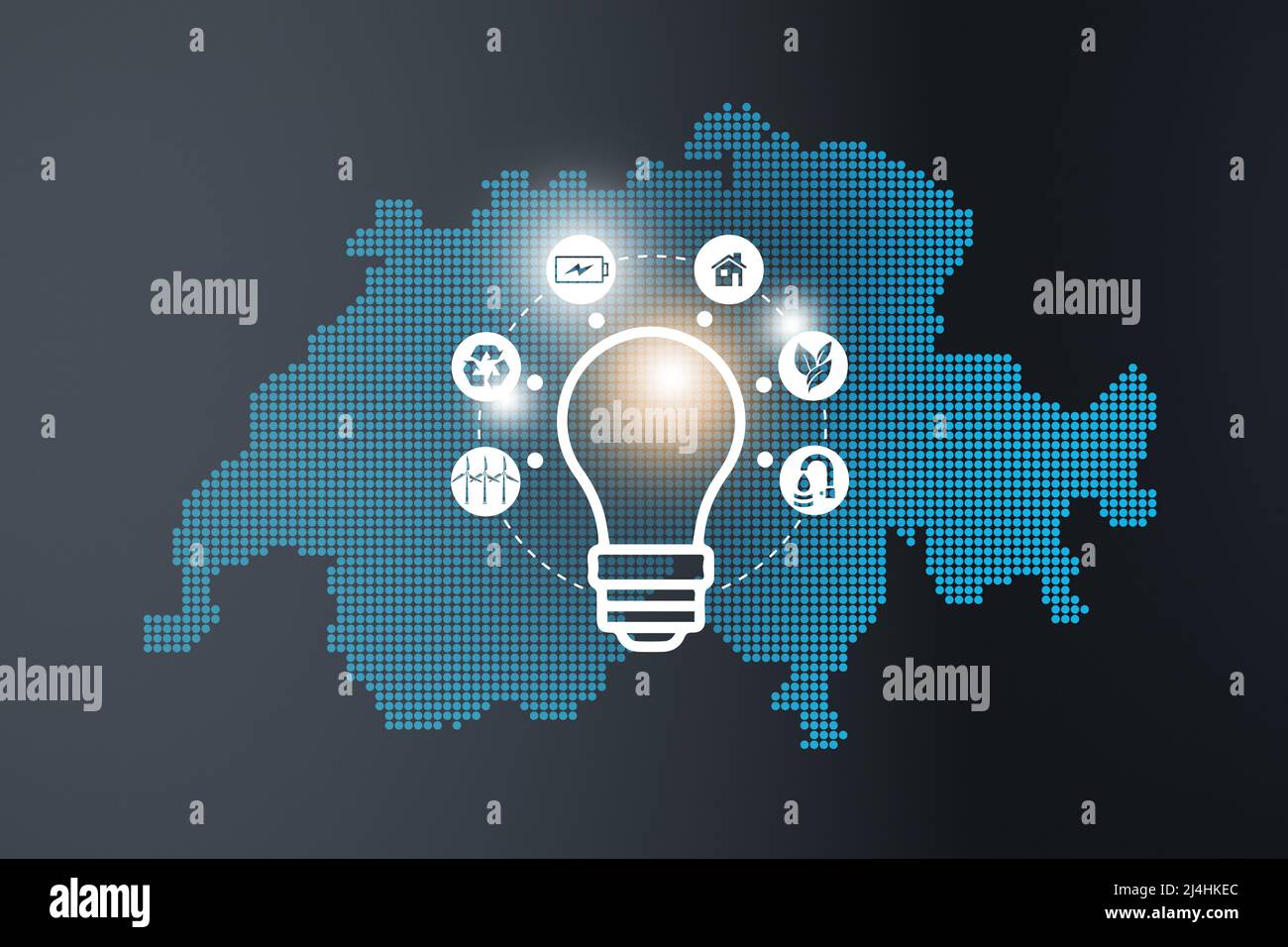 Energy innovation with future industry of power generation icons graphic interface. Interactive map of Switzerland   on blue background Stock Photo