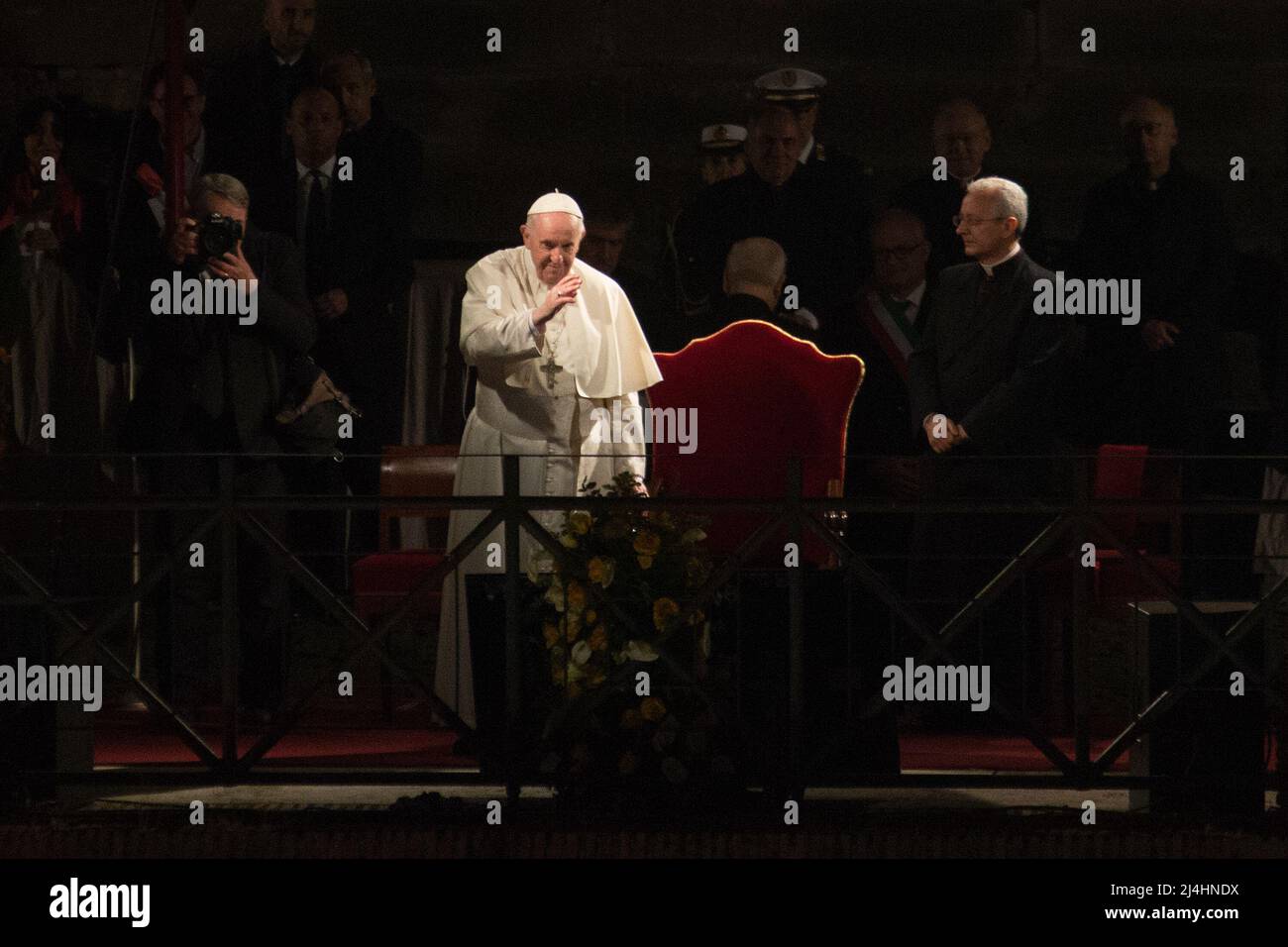 Rome, Italy. 15th Apr, 2022. On the evening of the Good Friday, Pope Francis, Jorge Mario Bergoglio, celebrated the Via Crucis / Way to the Cross outside the Colosseum. Credit: LSF Photo/Alamy Live News Stock Photo