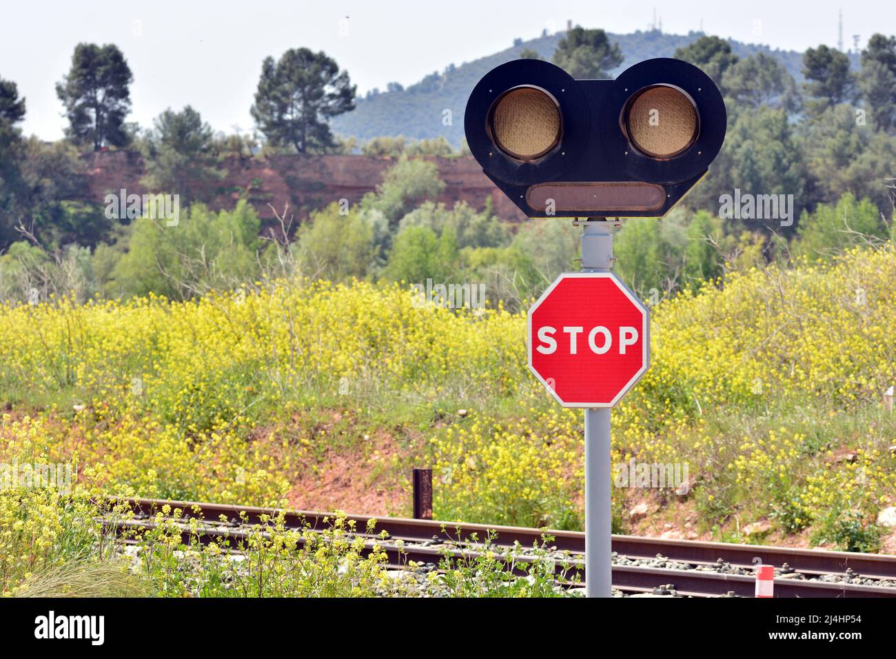Señal de stop con semáforo en un paso a nivel Stock Photo