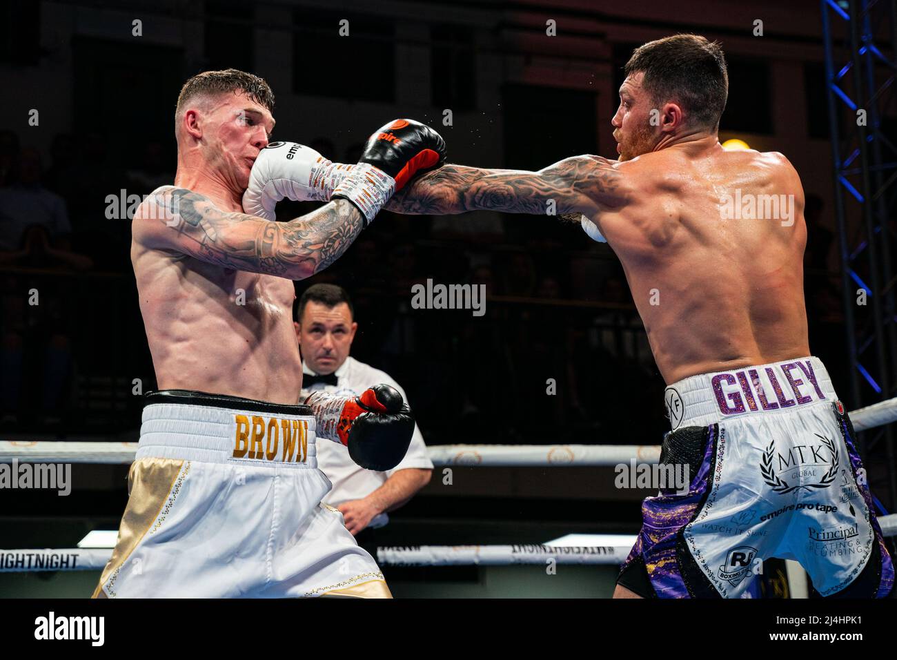 London, UK. 15th Apr, 2022. Sam Gilley throws the jab during the MTK Fight  Night between Gilley and Brown for the English Super Welterweight Title at  York Hall in London, England Sam