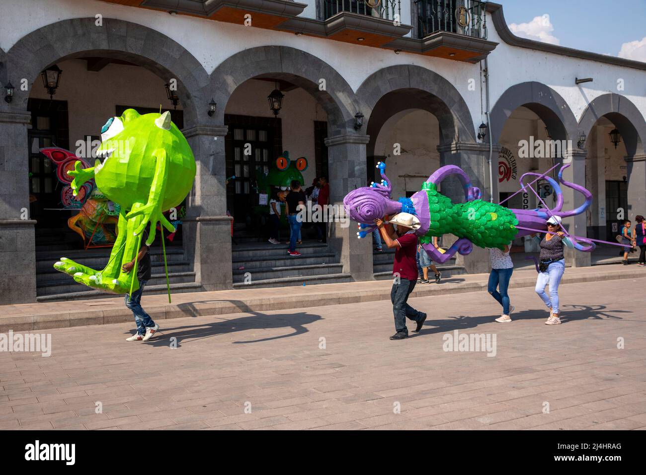 Tultepec, Mexico. April 15, 2022. Papier-mache large format sculptures made for a contest of artistic 'Judas'.  Catholic tradition say Judas betrayed Stock Photo