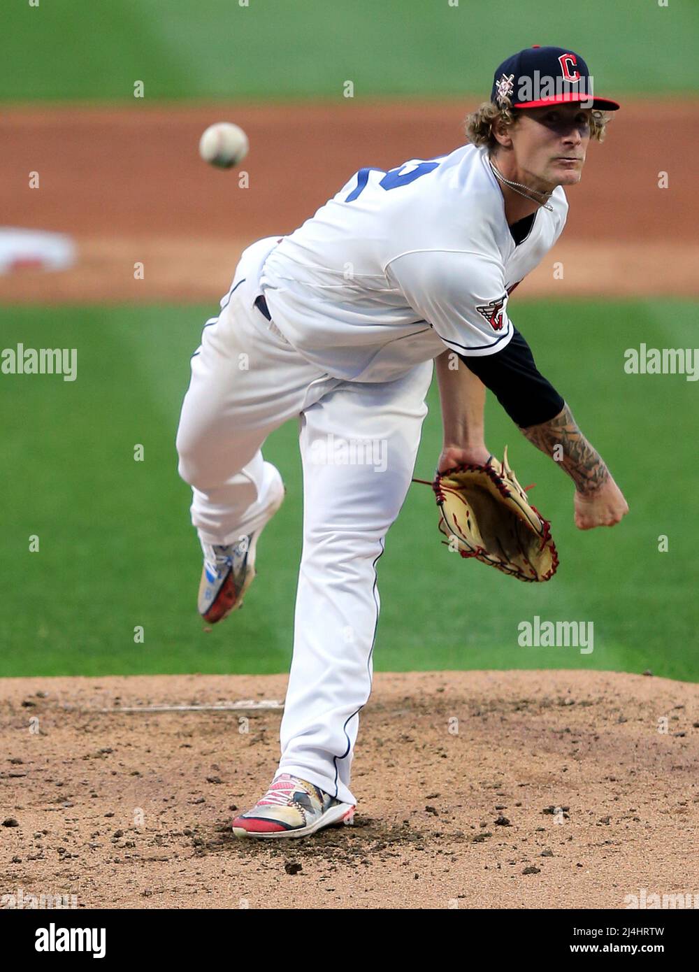 Cleveland, United States. 15th Apr, 2022. Cleveland Guardians Zach Plesac pitches in the third inning against the San Francisco Giants Carlos Rodon at Progressive Field in Cleveland, Ohio on Friday, April 15, 2022. Photo by Aaron Josefczyk/UPI Credit: UPI/Alamy Live News Stock Photo
