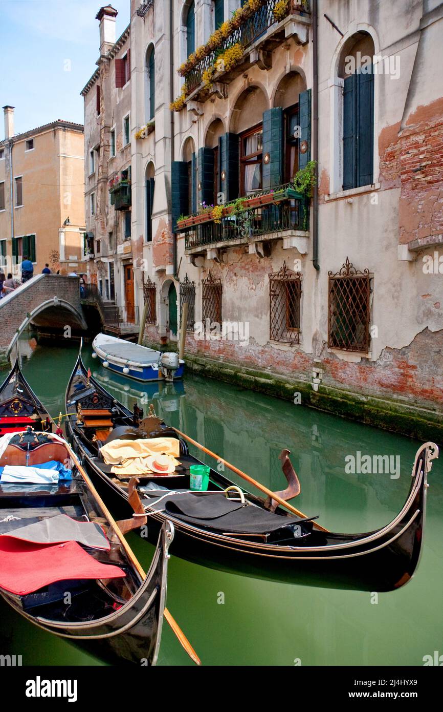 Two Docked Gondolas in Venice, Italy Stock Photo