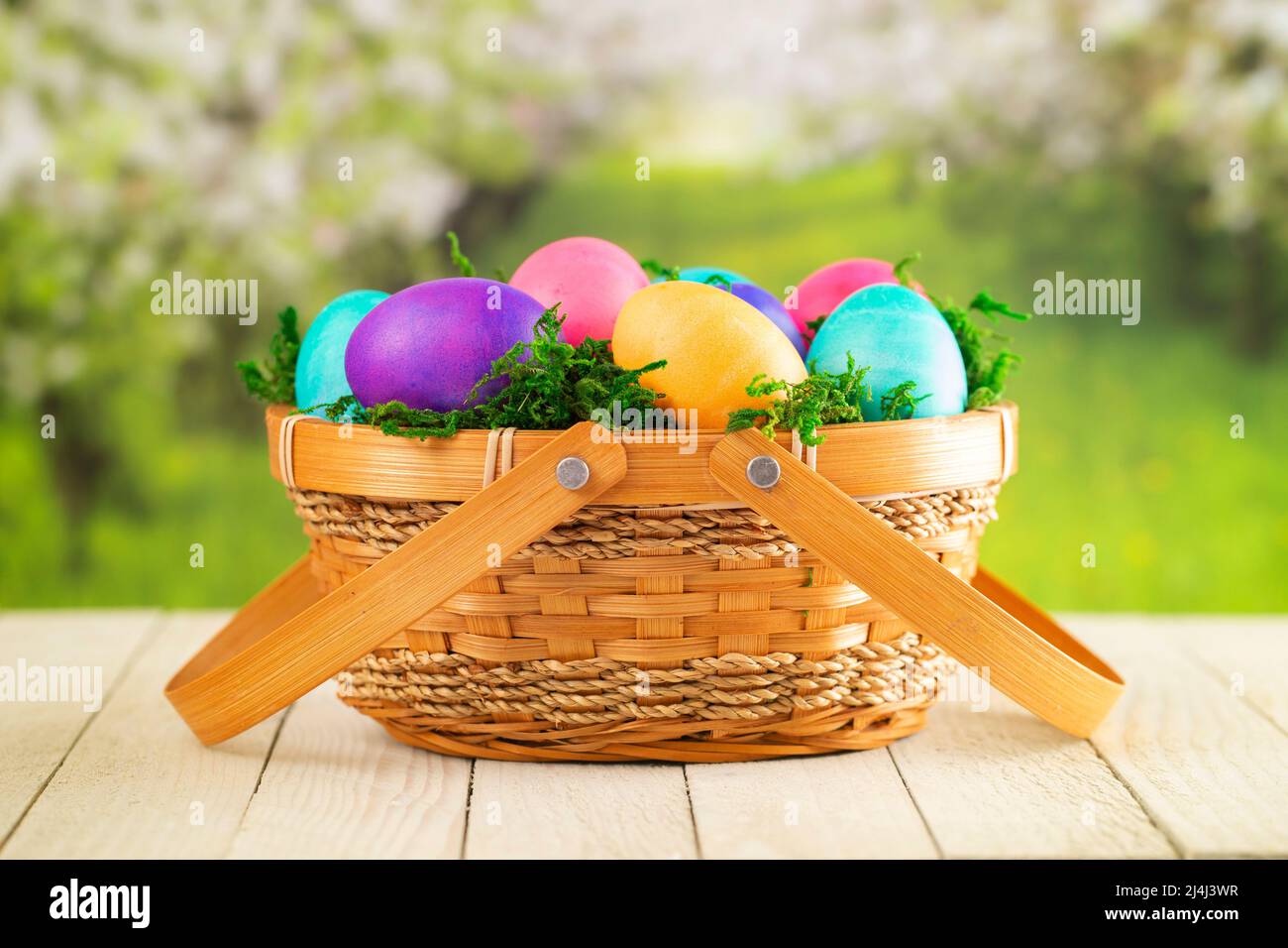 Basket Full of Colorful Solid Boiled Easter Eggs Stock Photo