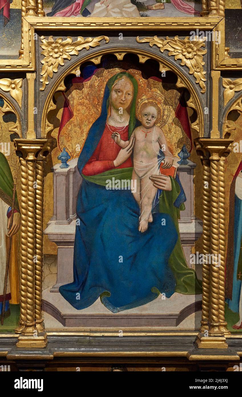 Madonna col Bambino in trono, particolare del “Polittico con la Vergine in trono col Bambino,Crocifissione e Santi”  - tempera su tavola  - Michele di Stock Photo