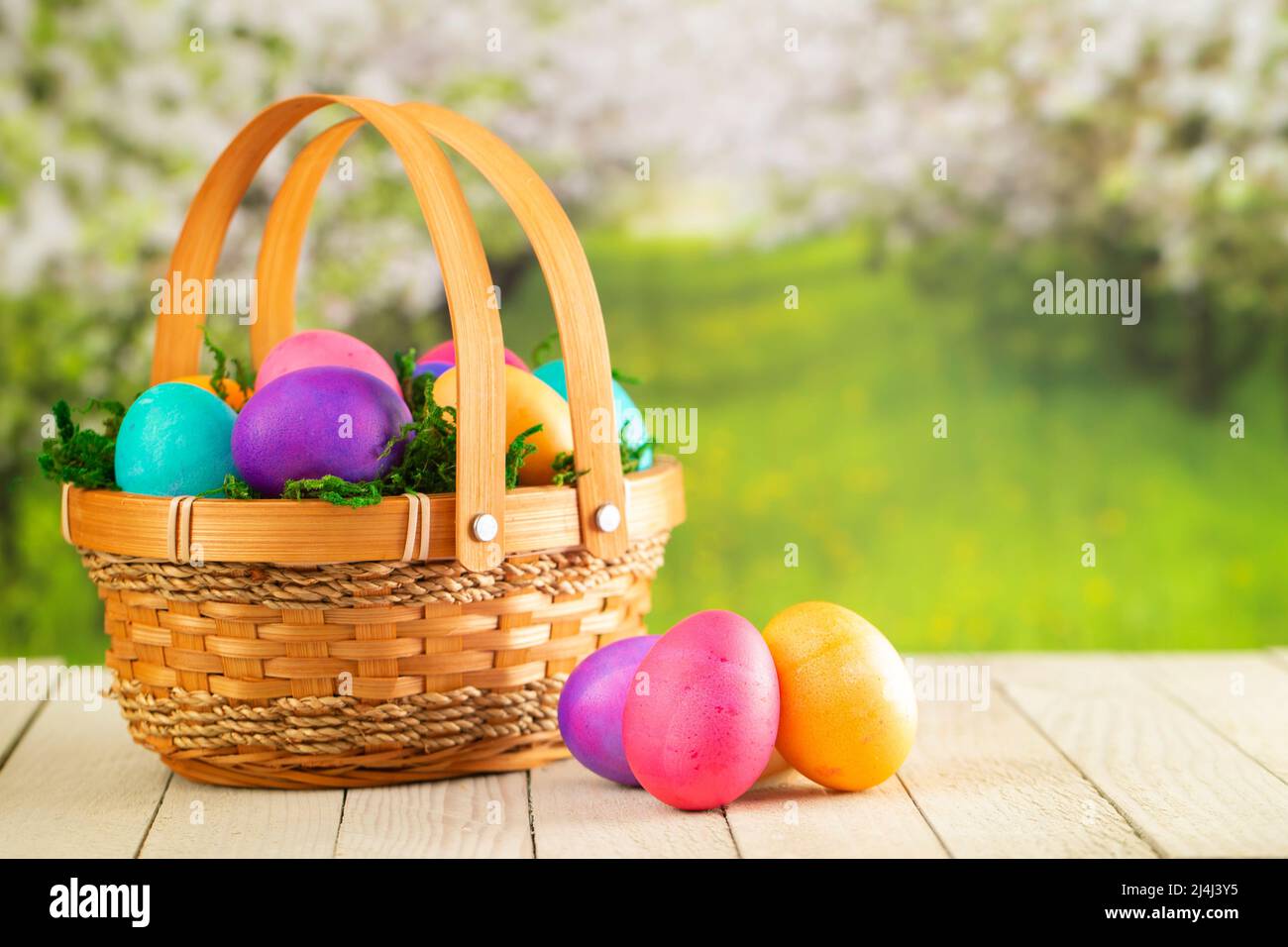 Basket Full of Colorful Solid Boiled Easter Eggs Stock Photo