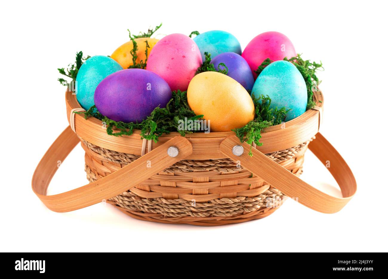 Basket Full of Colorful Solid Boiled Easter Eggs Stock Photo