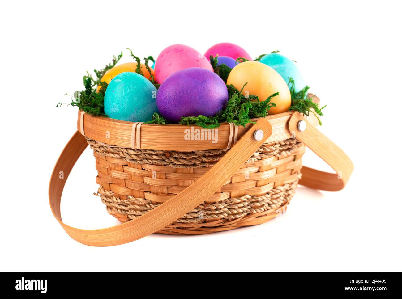 Basket Full of Colorful Solid Boiled Easter Eggs Stock Photo