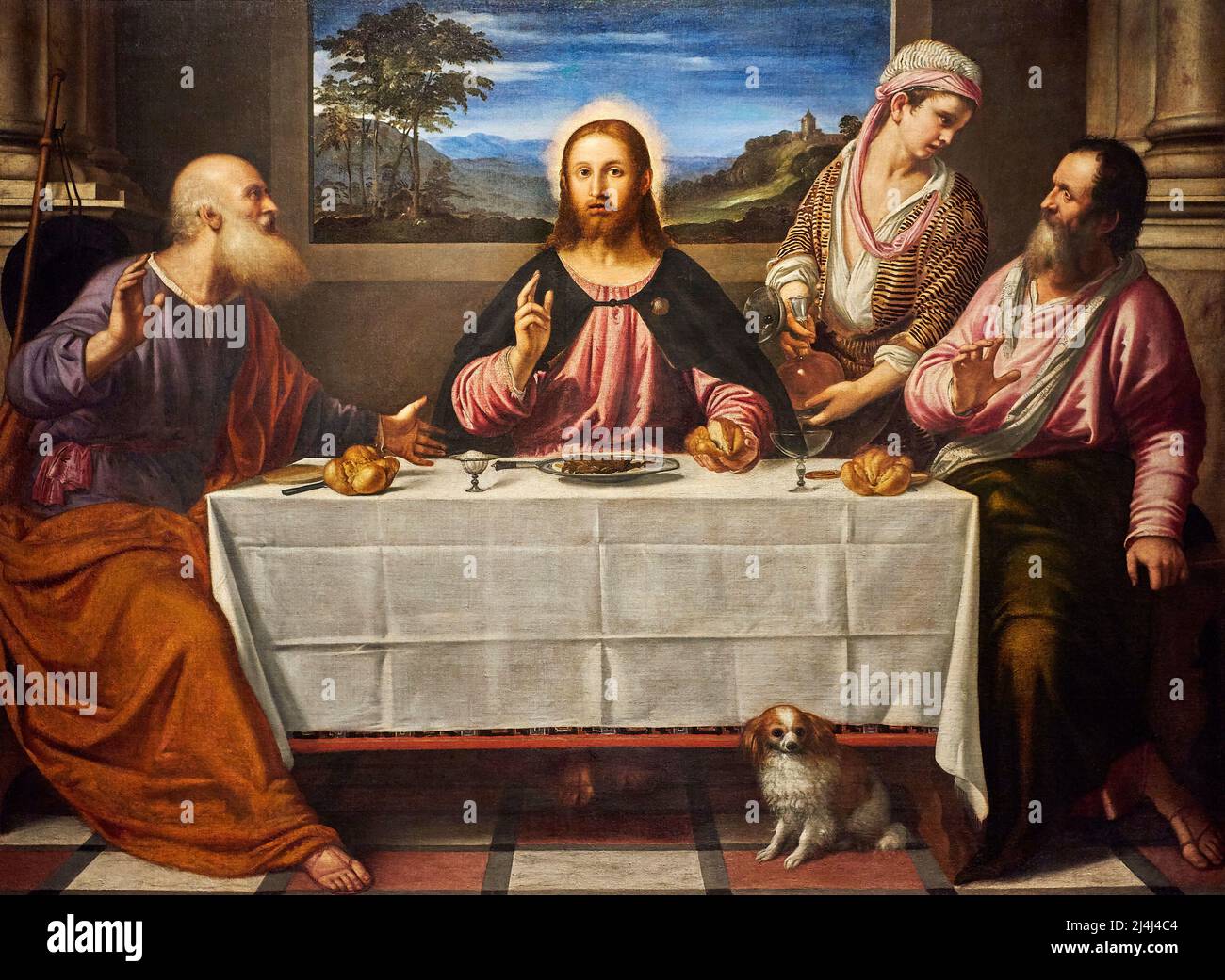Cena in Emmaus  - olio su tela - Simone Peterzano - 15765 - Firenze, Galleria Palatina di Palazzo Pitti Stock Photo