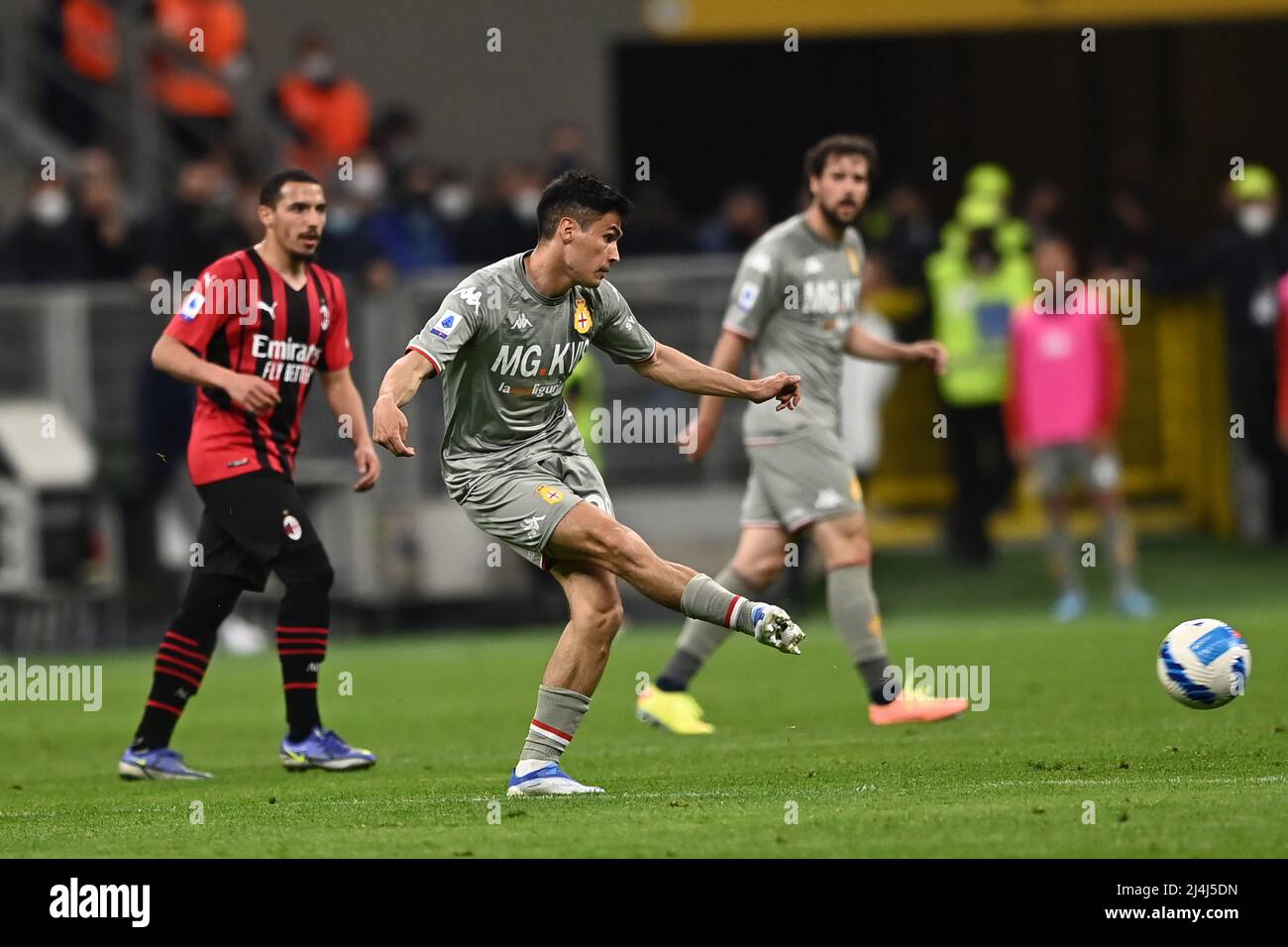 Genoa, Italy. 30 April 2022. Antonio Candreva of UC Sampdoria competes for  the ball with Pablo Galdames of Genoa CFC during the Serie A football match  between UC Sampdoria and Genoa CFC.