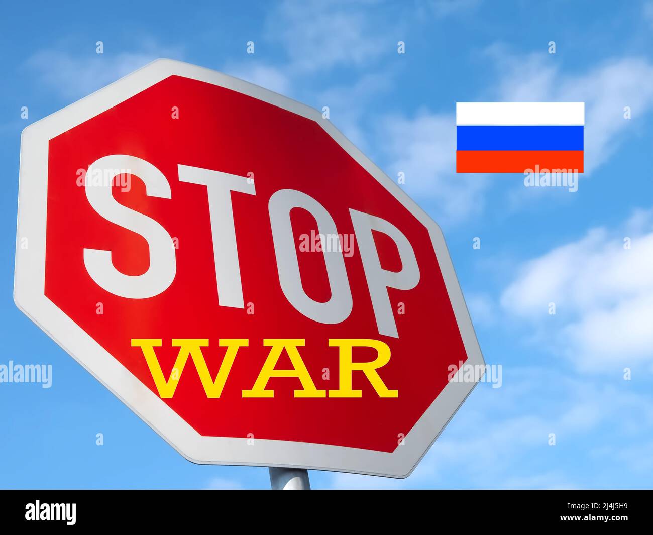 stop sign with the flag of Russia and the word war symbol for Stop the war Stock Photo