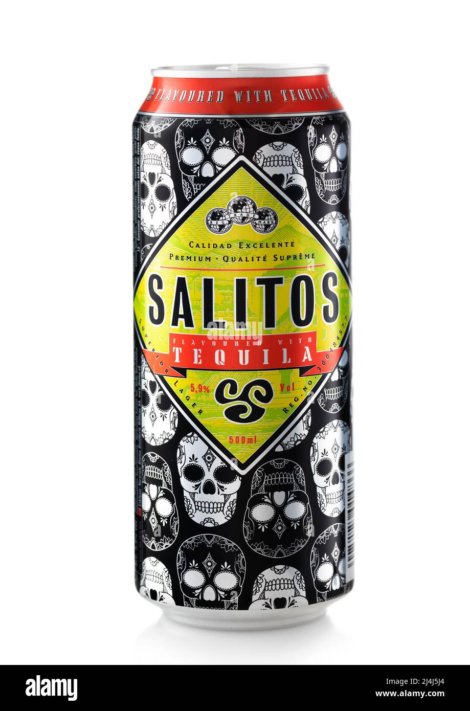 LONDON,UK - FEBRUARY 02,2022: Salitos premium beer with tequila and lime on white background. Stock Photo