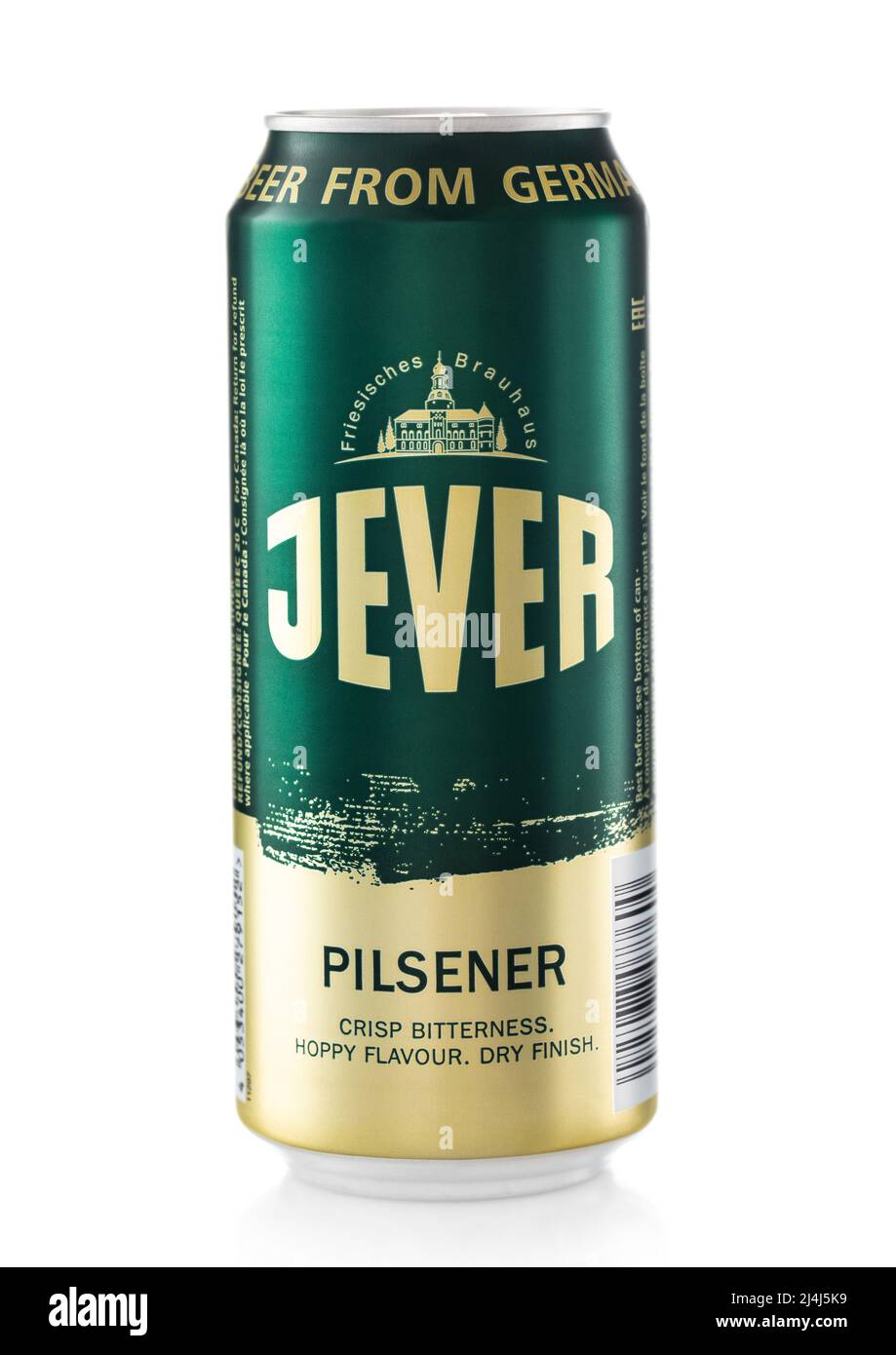 LONDON,UK - FEBRUARY 10,2022: Jever Pilsner lager beer on white background. Stock Photo