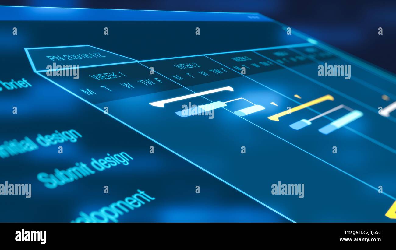 project management software, futuristic interface, gantt chart, concept of project planning, flashing lights on backgrounds (3d render) Stock Photo