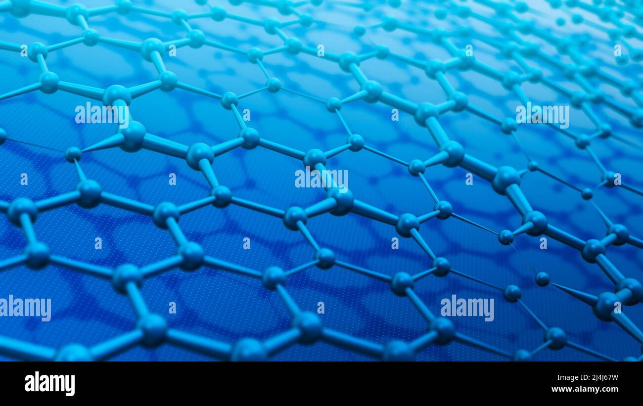hexagon grid, graphene structure with carbon atoms, nanotechnology background illustration, extreme close-up (3d render) Stock Photo
