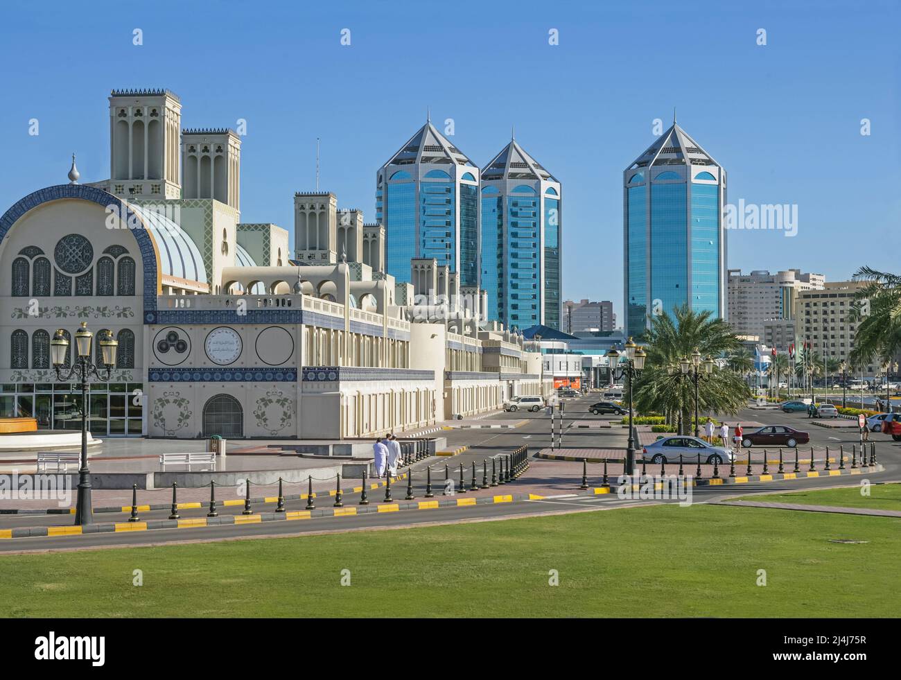 With its blue tile-trimmed facade the Central Souk is an iconic landmark in Sharjah, United Arab Emirates. Stock Photo