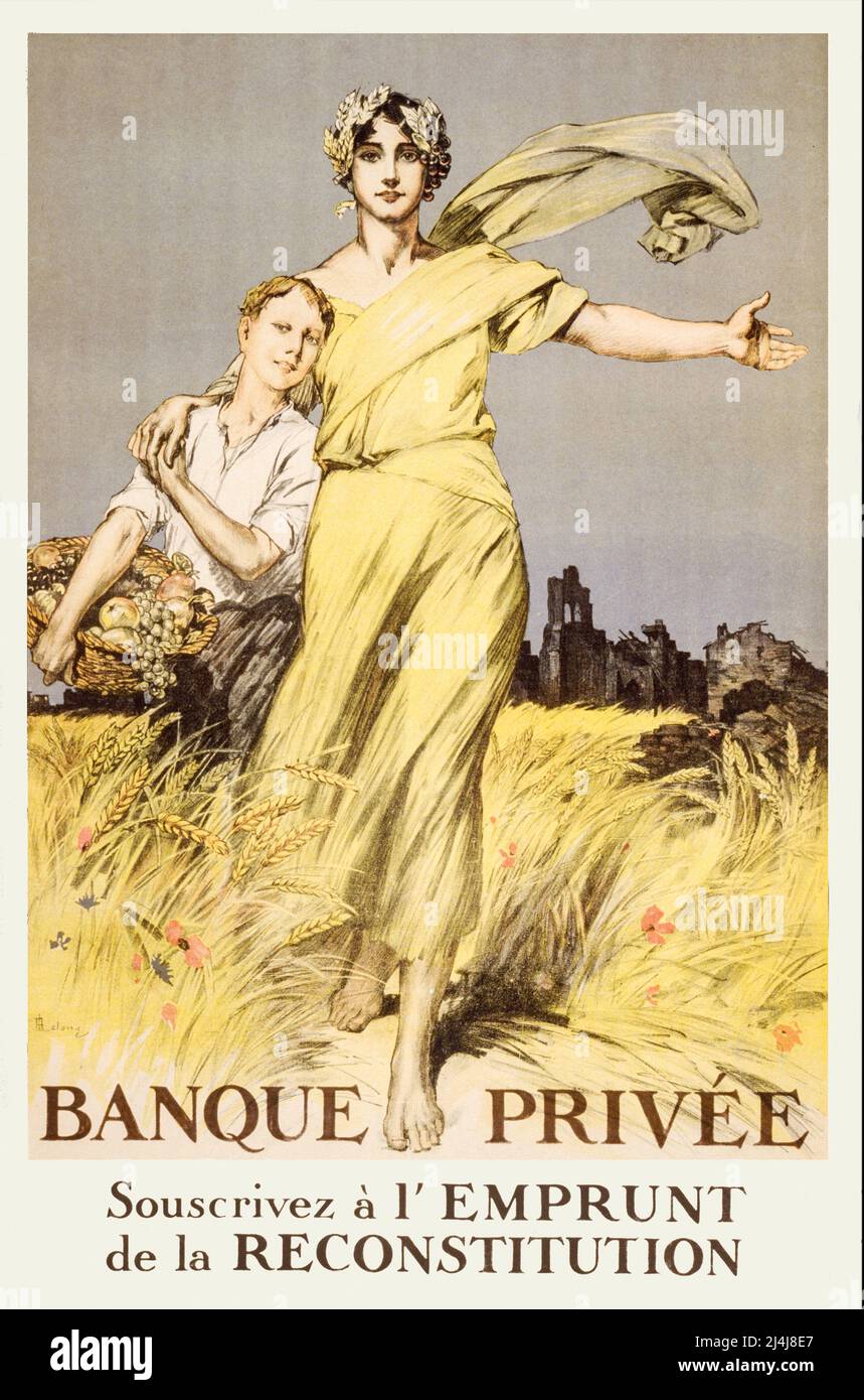 An early 20th century French advertising poster showing Victory, with her arm around a boy who is carrying a basket of fruit through a wheat field, behind which is a ruined village. The artist is René Lelong (1871-1938). Stock Photo
