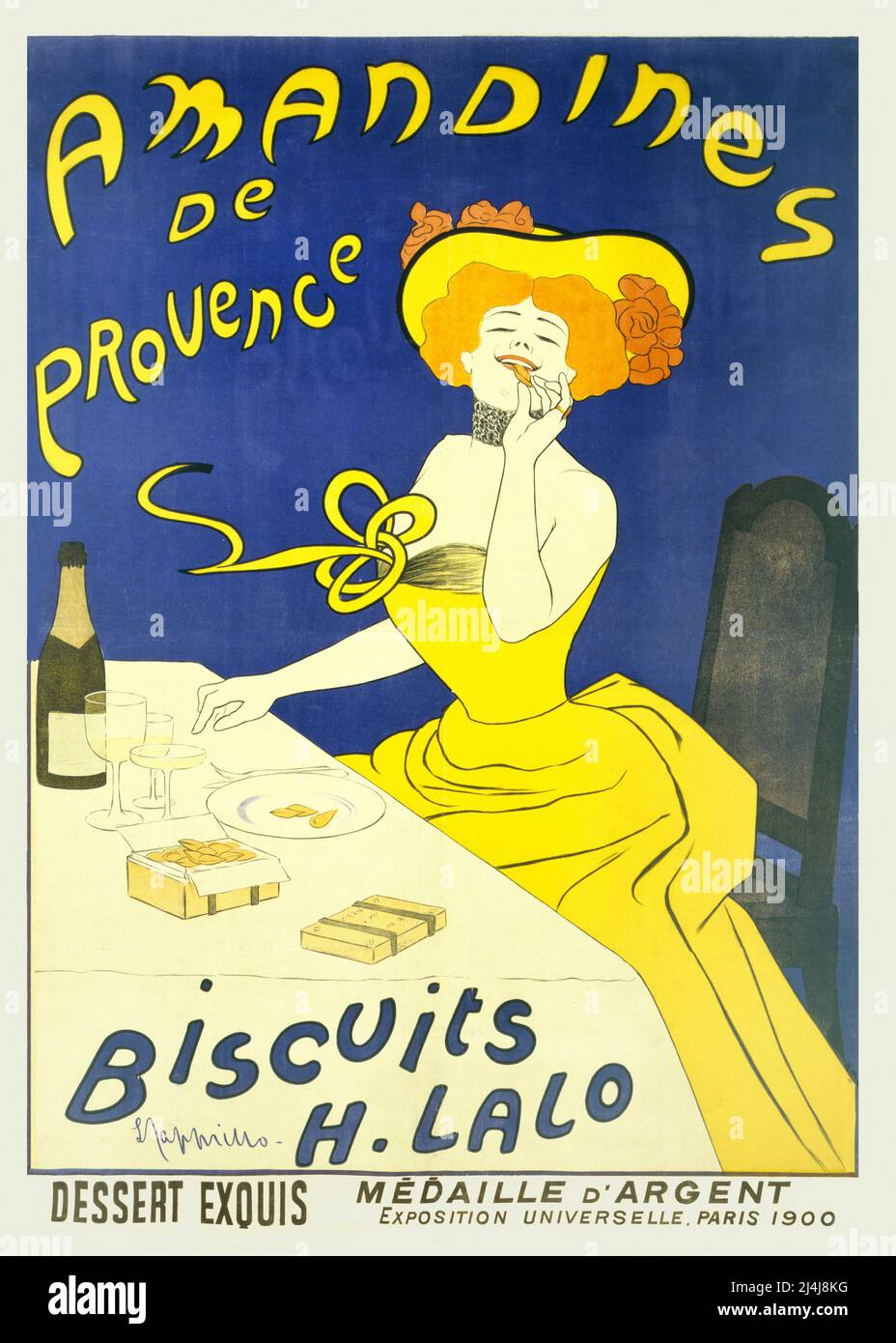 An early 20th century French advertising poster showing a woman eating almond cookies. The artist is Leonetto Cappiello, (1875-1942) Stock Photo