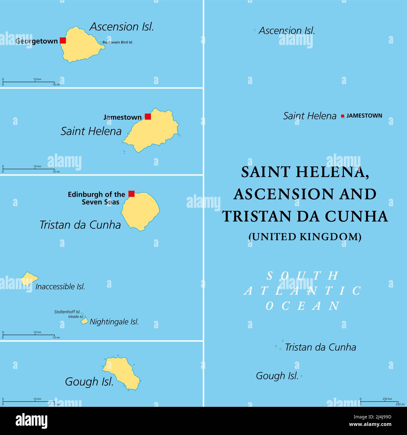 Saint Helena, Ascension and Tristan da Cunha, political map. British Overseas Territory in the South Atlantic, with capital Jamestown. Stock Photo