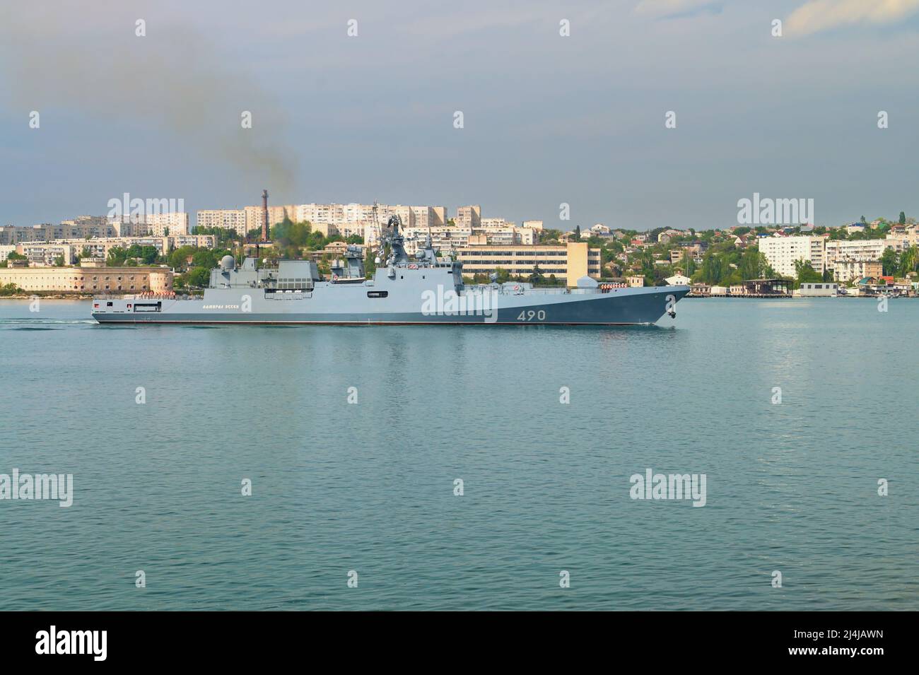 Russian frigate Admiral Essen - on 2022 was making rocket attacks strikes against Ukrainian cities. On 3 April 2022 was damaged by Ukrainian Army Stock Photo