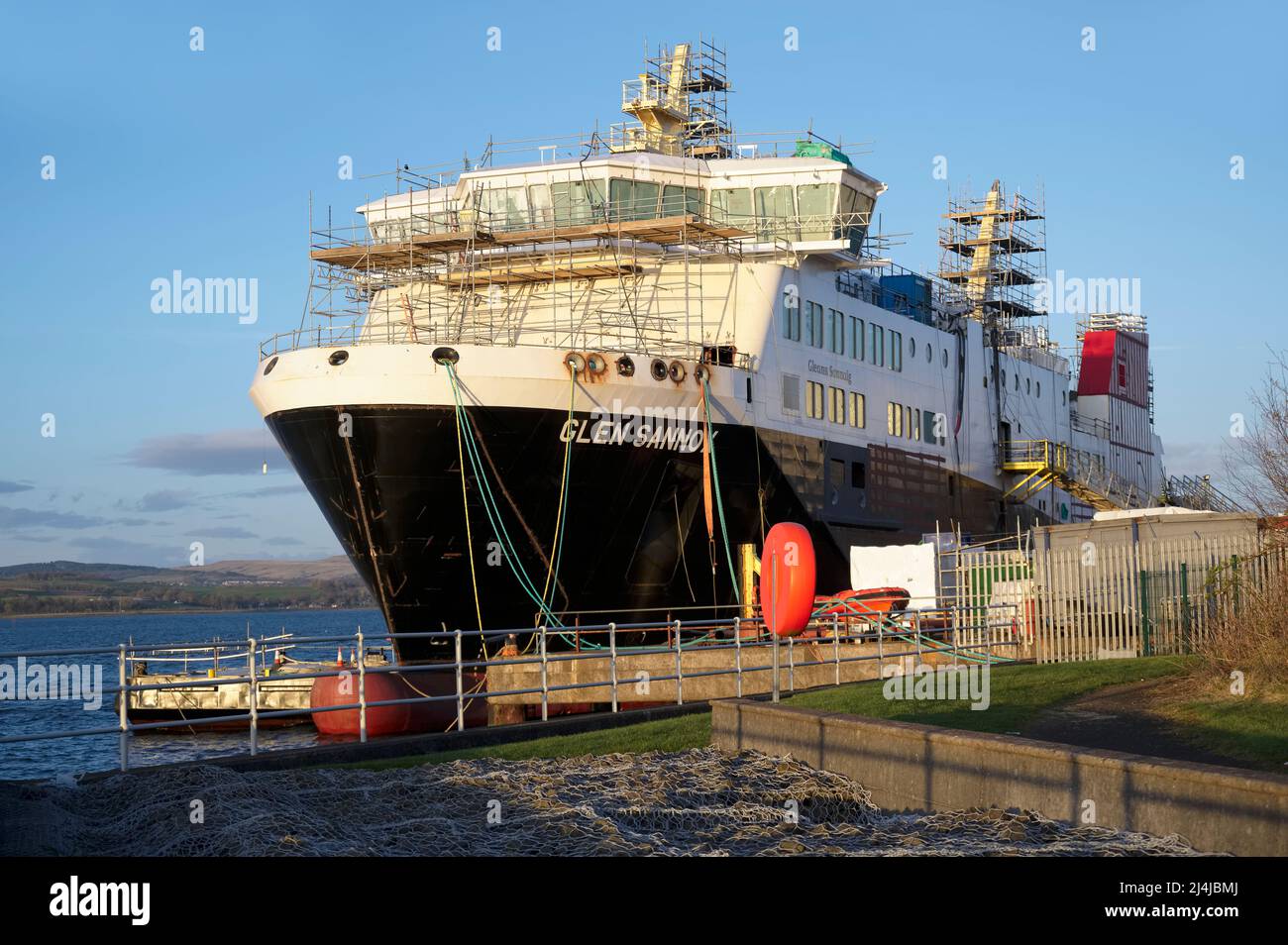 Port Glasgow, Scotland, UK, April 9th 2022, Ferguson Marine shipyard and the progress of new Calmac ferry named Glen Sannox Stock Photo