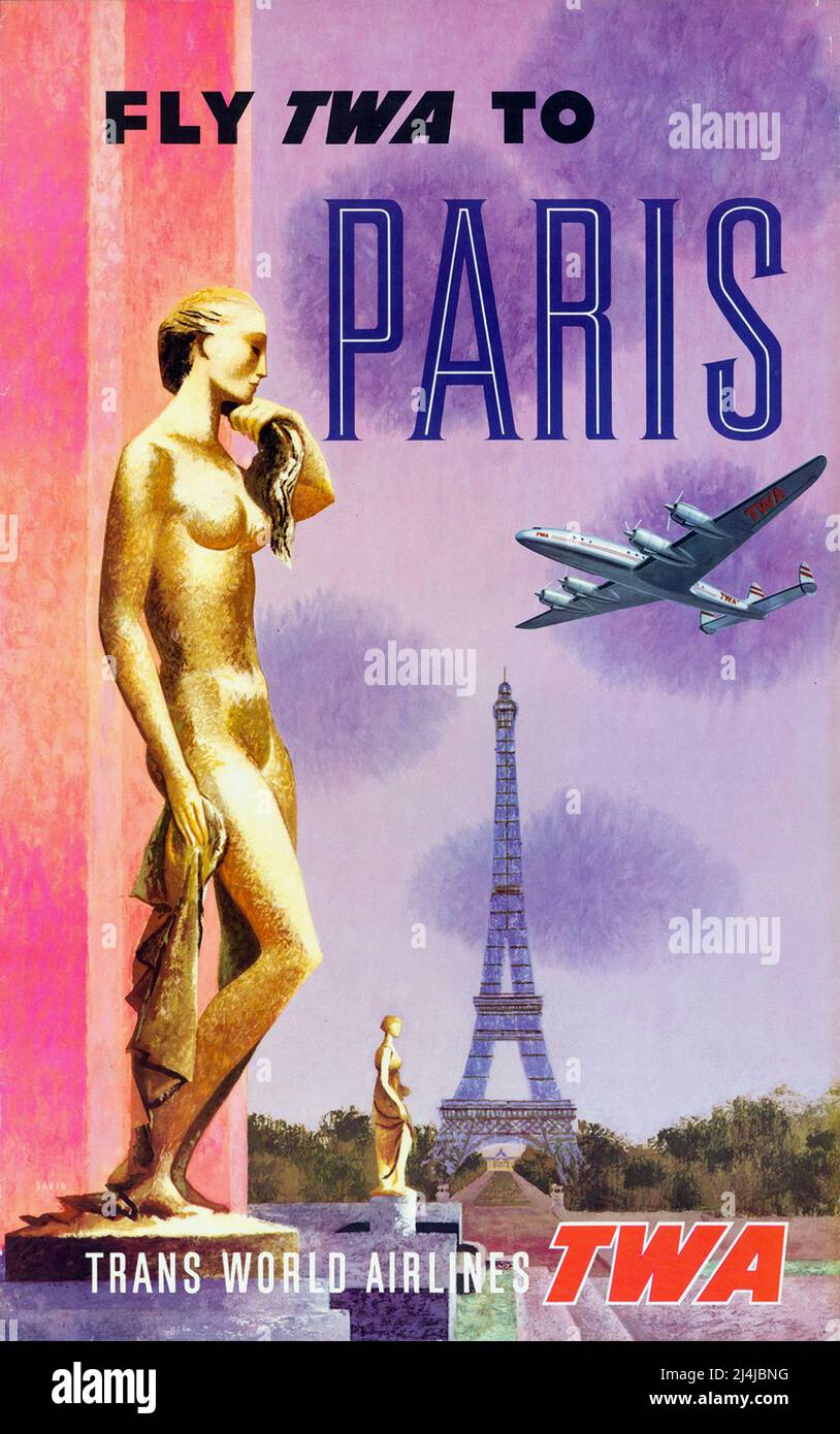 Vintage 1960s Travel Poster Fly TWA, To Paris , TWA – Trans World Airlines. High resolution poster. Stock Photo