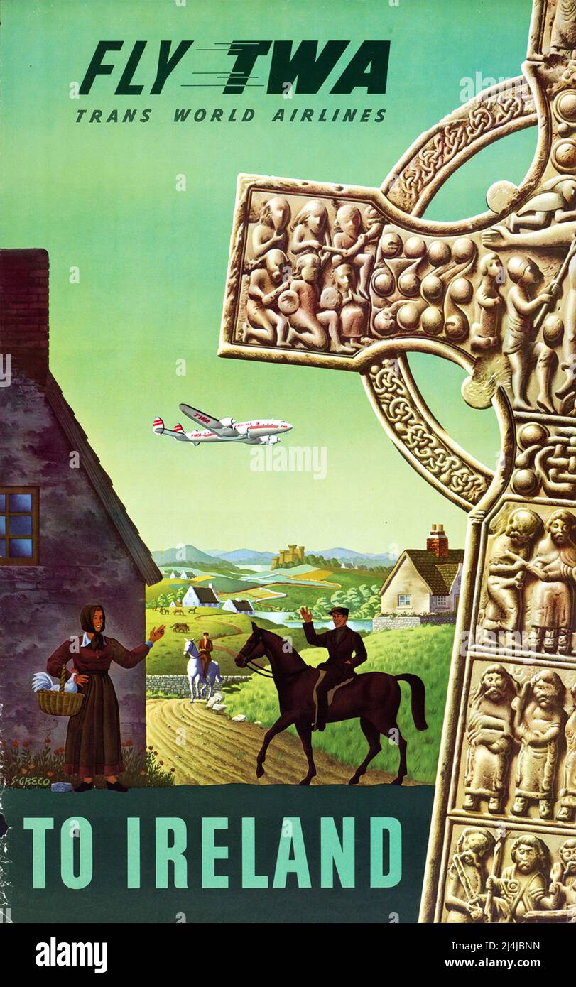 Vintage 1960s Travel Poster Fly TWA, To Ireland , TWA – Trans World Airlines. High resolution poster. Stock Photo