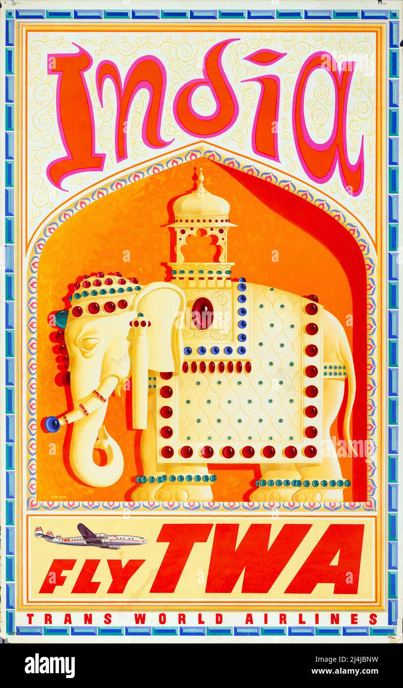 Vintage 1960s Travel Poster Fly TWA, India, TWA – Trans World Airlines. High resolution poster. Art by David Klein c 1960. Stock Photo