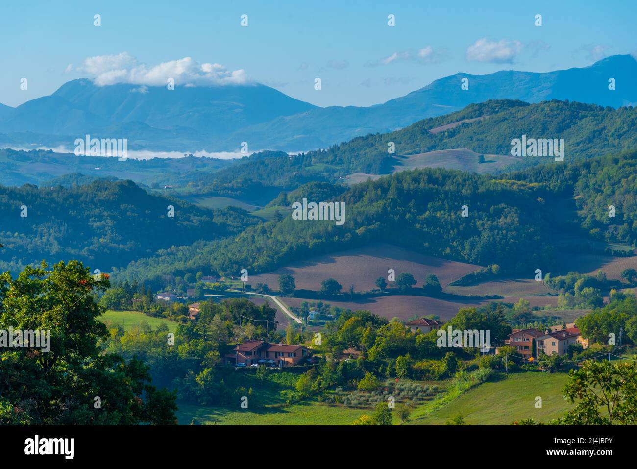 Mountainous landscape of Marche region near Urbino, Italy. Stock Photo
