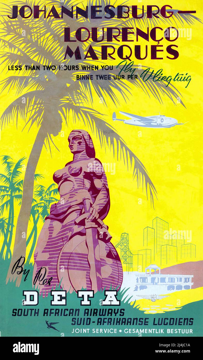 Vintage 1940s Travel Poster - DETA - Johannesburg — Lourenco Marques - 1940s Stock Photo