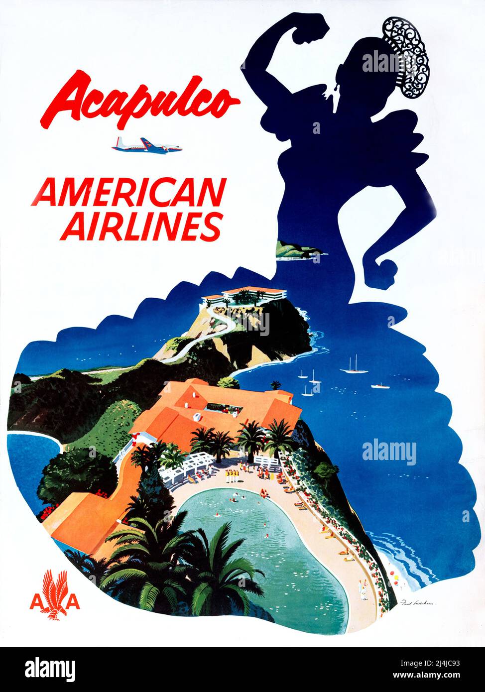 Vintage 1950s Travel Poster - American Airlines - Acapulco - By Fred Ludekens - 1950 Stock Photo