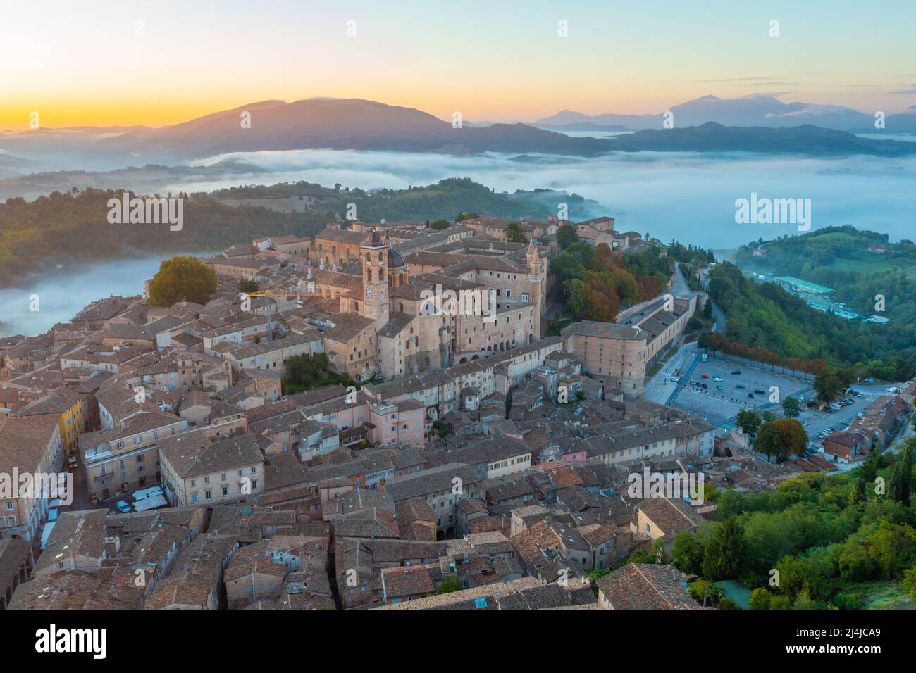 Sunrise view over Italian town Urbino. Stock Photo