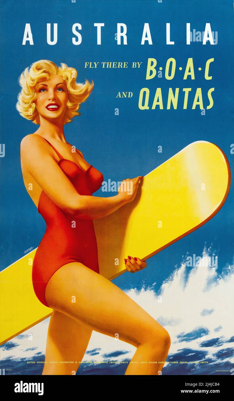 Vintage Travel Poster- BOAC Qantas - Australia - By Albert Hayes Stock Photo