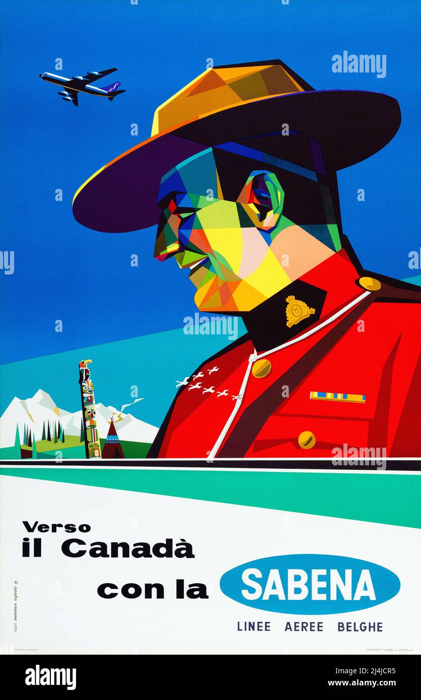 Vintage Travel Poster For Canada By Sabena Airlines RCMP Mountie by Gaston van den Eynde Stock Photo