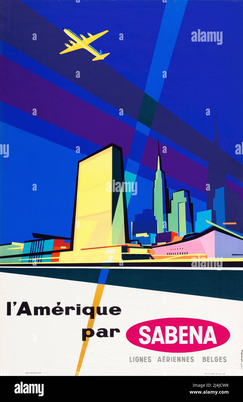 Vintage SABENA Airline Travel poster - L'Amerique - By Gaston Vanden Eynde Stock Photo