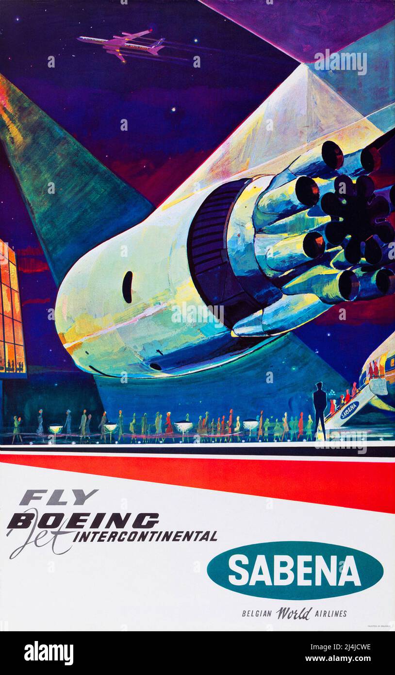 Vintage SABENA Airline Travel poster - Fly Boeing intercontinental - By Gaston Vanden Eynde Stock Photo