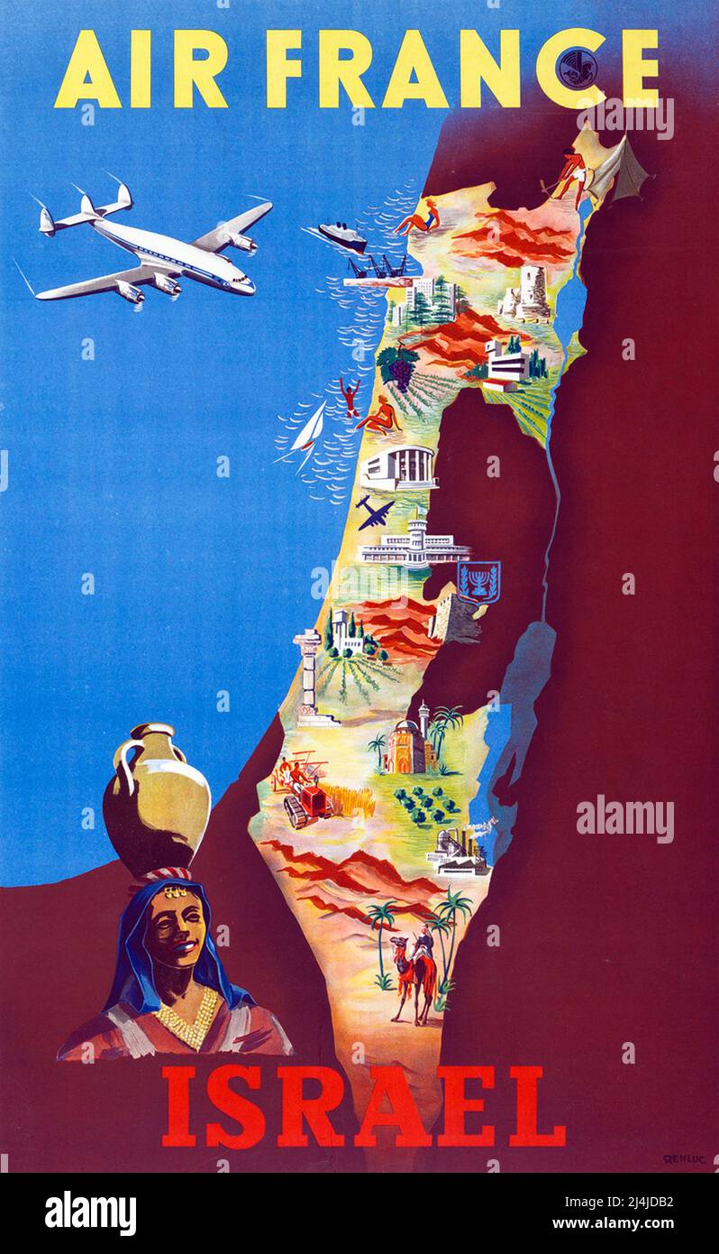 VINTAGE TRAVEL POSTER BY RENLUC 1951 - AIR FRANCE ISRAEL Stock Photo