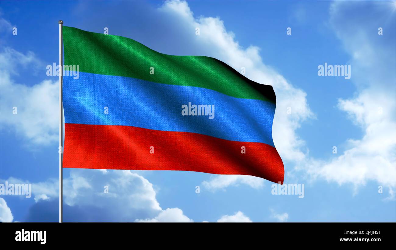 Flag of Dagestan waving on flagpole in the wind, national symbol of