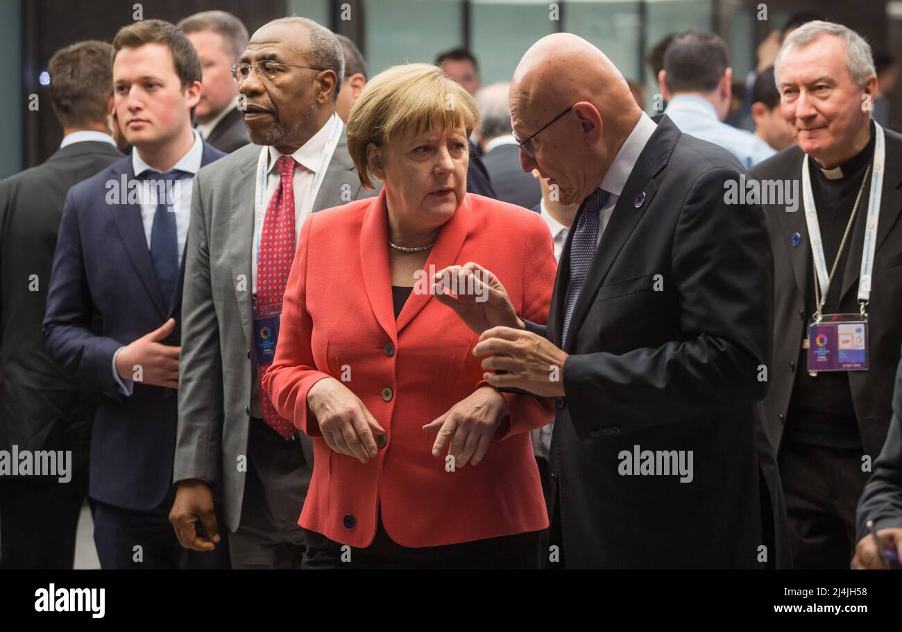 Istanbul, Turkey. 23rd May, 2016. German Chancellor Angela Merkel (C) and Prime Minister of Lebanon Tammam Salam (R) during the World Humanitarian Summit in Istanbul. German Chancellor Angela Merkel (archival image) (Photo by Mikhail Palinchak/SOPA Images/Sipa USA) Credit: Sipa USA/Alamy Live News Stock Photo