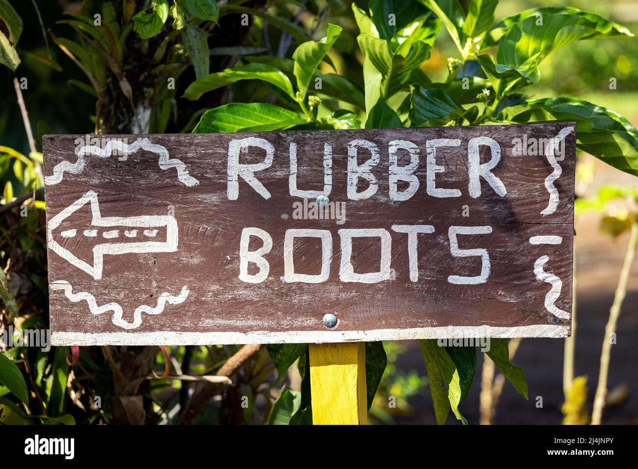 Rubber Boots sign at La Laguna del Lagarto Eco-Lodge, Boca Tapada, Costa Rica Stock Photo