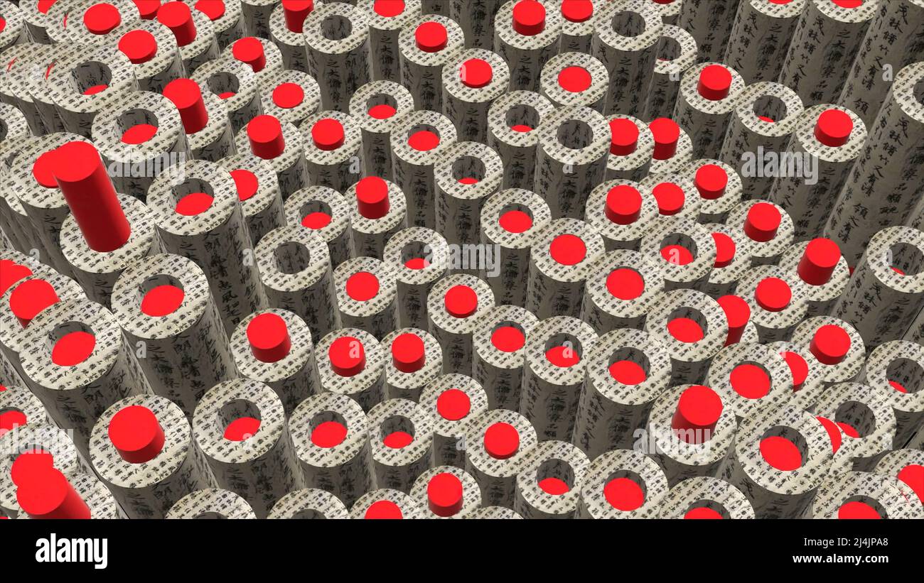 Movable surface with numerous repeating cylinders of grey color with ...