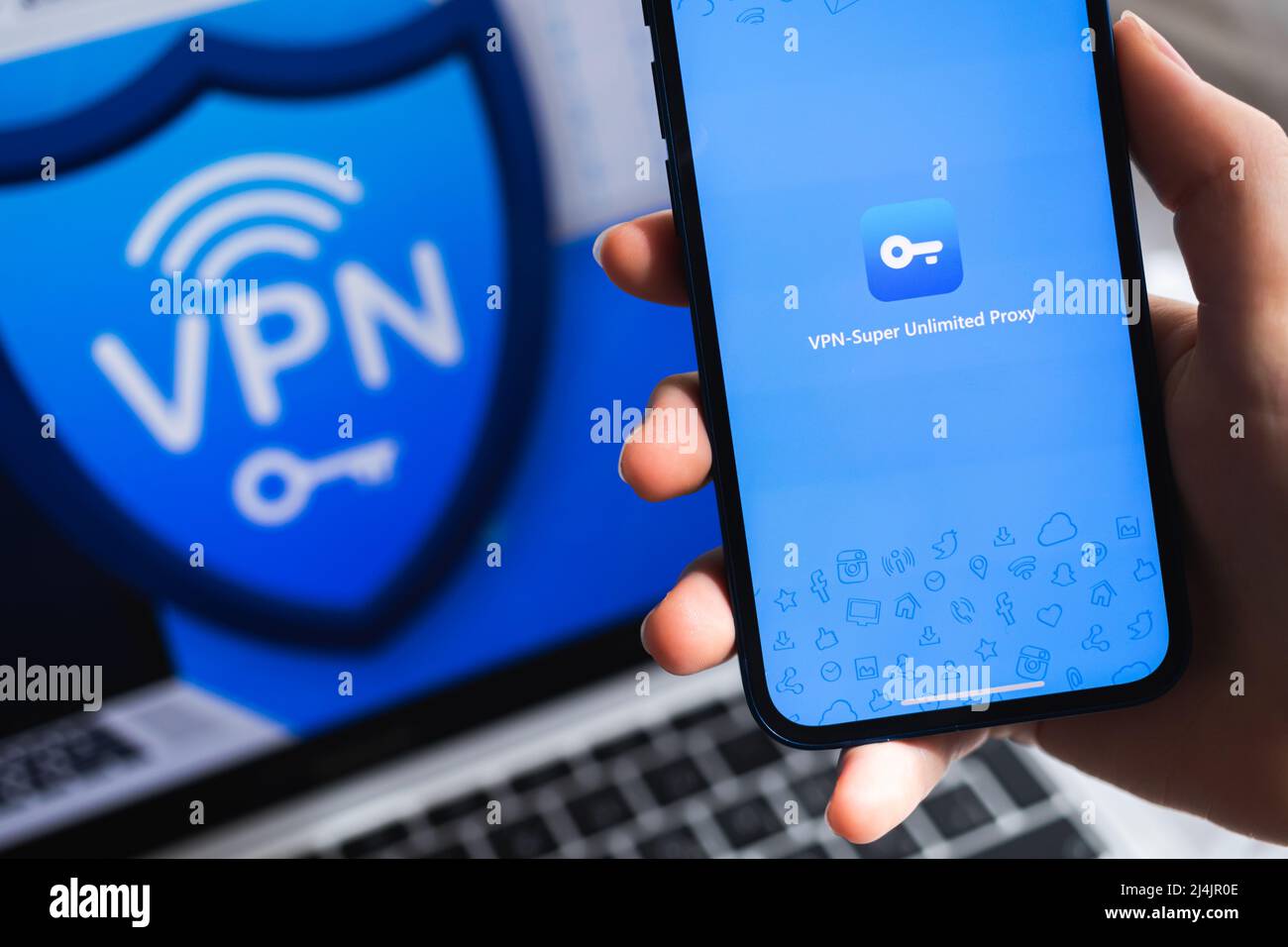 SPB, Russia April 15, 2022 VPN Super Unlimited Proxy app. Logo close