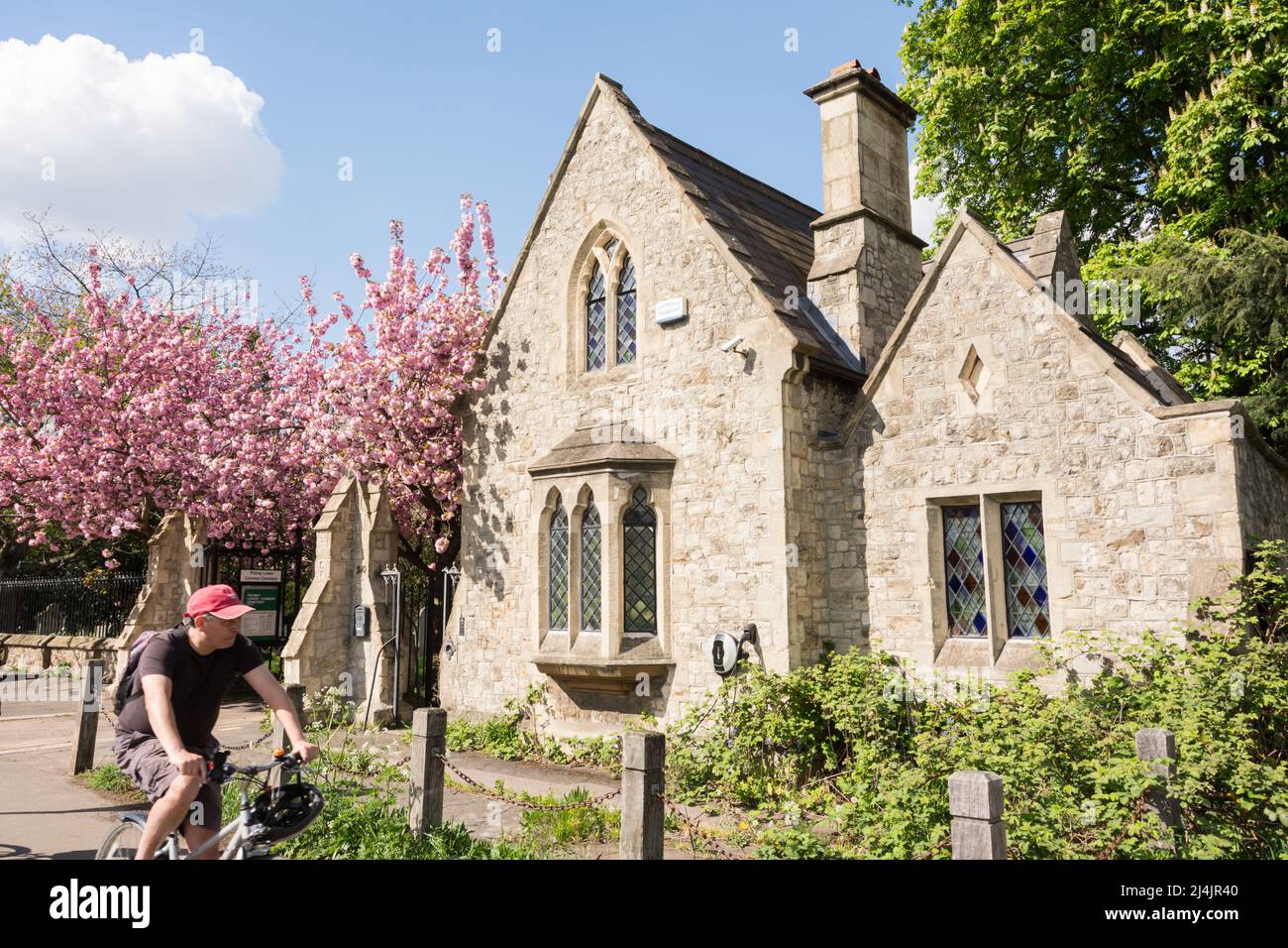 A cherry blossom-covered lodge at Putney Lower Common Cemetery, Lower Common, Lower Richmond Road, London, SW15, England, UK Stock Photo