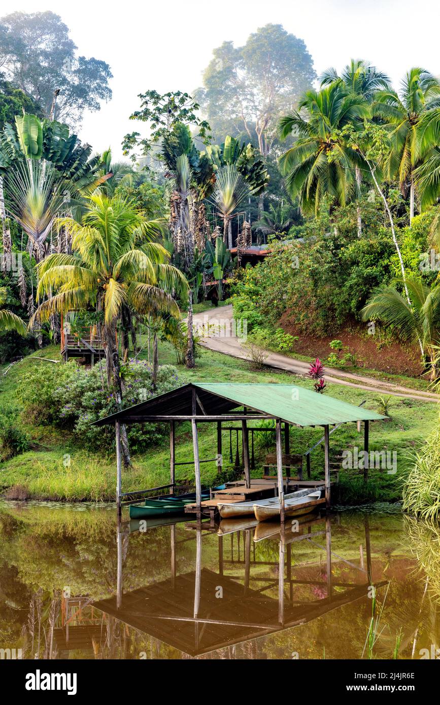 Boat dock at La Laguna del Lagarto Eco-Lodge, Boca Tapada, Costa Rica Stock Photo