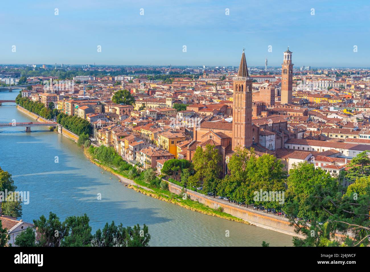 aerial view of the italian city verona including church of saint ...