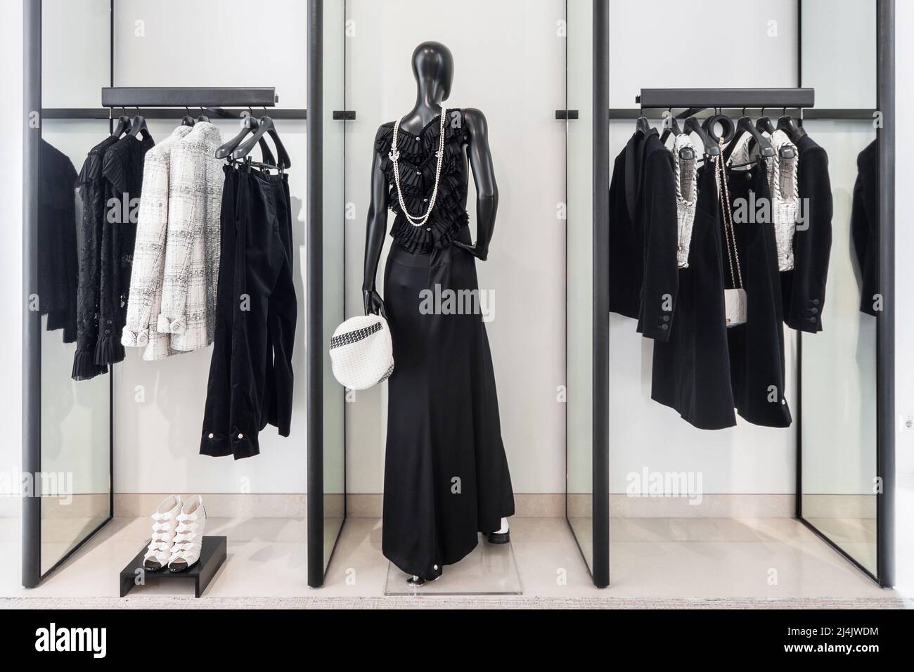 Kyiv, Ukraine, July 28, 2018. Interior of Chanel Boutique - luxury high fashion showroom. Hall of sale exposition. Stock Photo